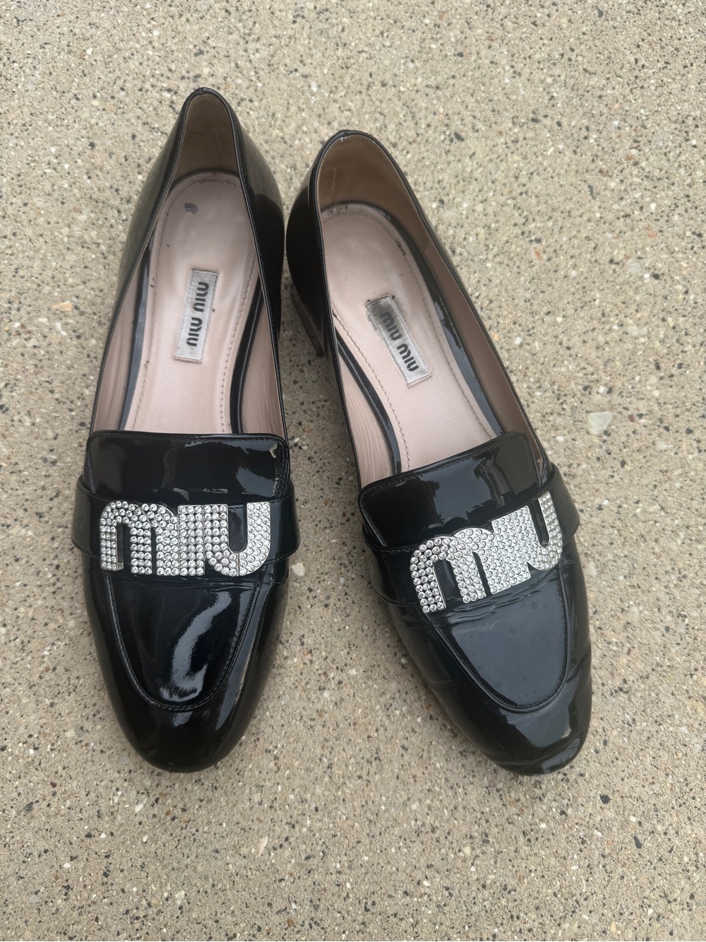 Miu Miu Black Patent Leather Crystal Logo Loafers Rhinestone Shoes 38